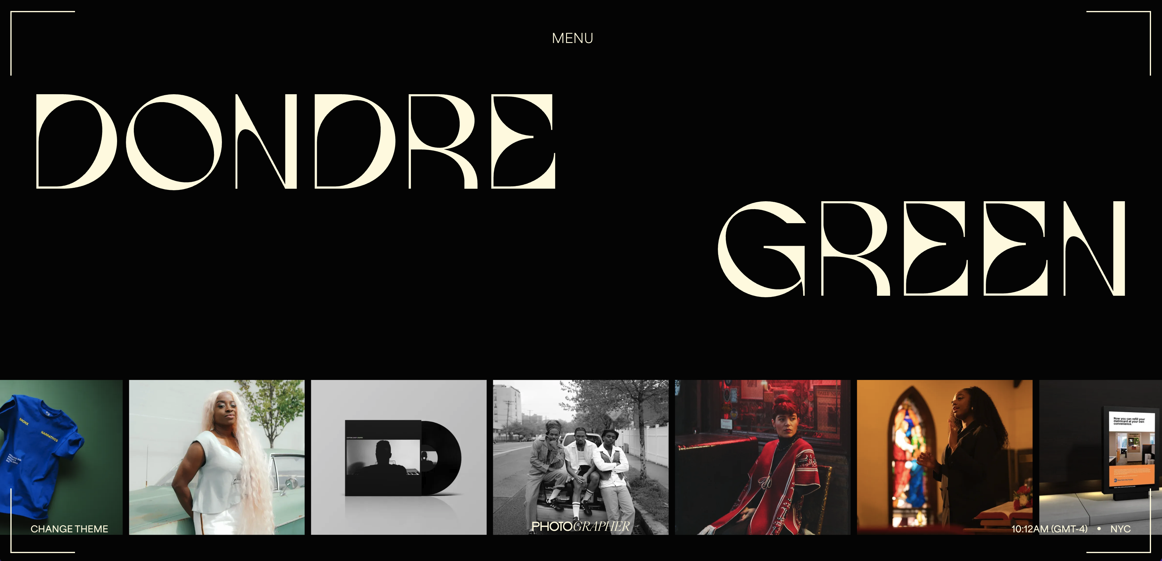 Homepage of Dondre Green's photography website, showing a compact Info, Work and Stories navigation over a large editorial image