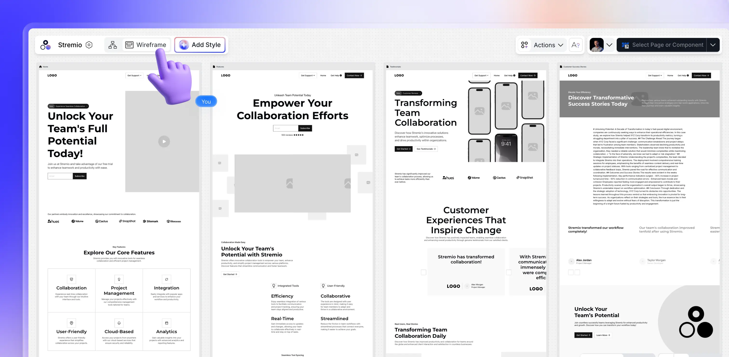 wireframes for a SaaS website from Modulify
